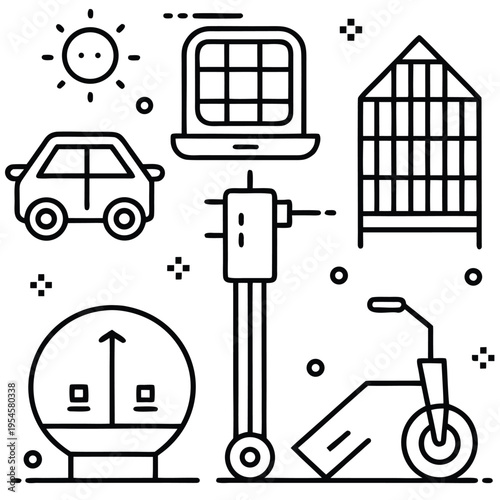 An illustration featuring assortment of icons of transport and leisure objects and electronic device, designed in a contemporary style. 