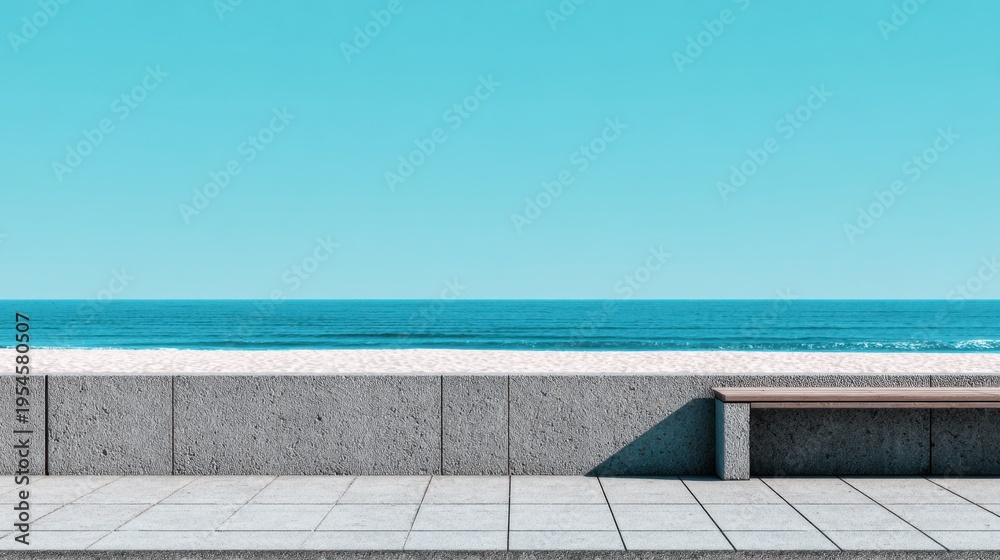 Fototapeta premium Tranquil Seaside View with Clear Sky and Serene Bench on Waterfront Promenade for Relaxation and Reflection
