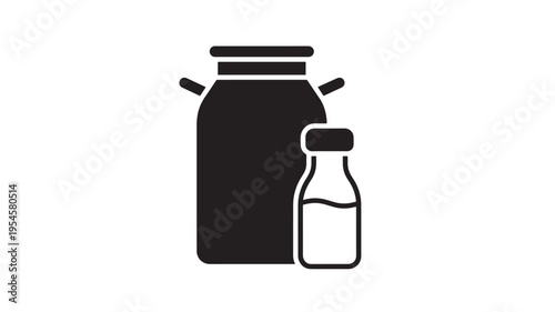 Milk cans and bottles icons in black solid style for dairy and beverage services, symbolizing fresh products
