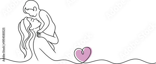 Continuous line art vector illustration of a mother holding her child with a pink heart, symbolizing love, family, and motherhood on a white background, ideal for banners or cards.
