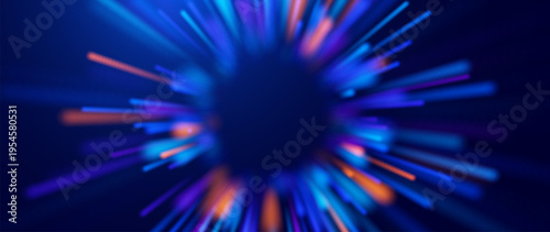 Fast Moving Particles Abstract Ray Burst Design.  Striking Digital Background for Scientific or Tech Presentations. Colorful Explosive Radial Pattern. Vector Illustration.