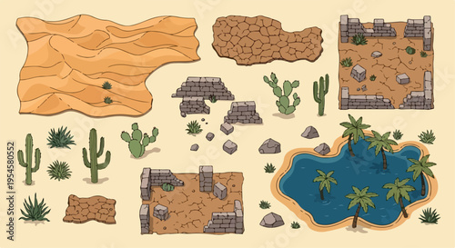 Desert Landscape Game Assets Vector Set with Sand Dunes, Cacti, Palm Trees, Rocks, and Ancient Ruins for Map Design isolated PNG with Transparent Background