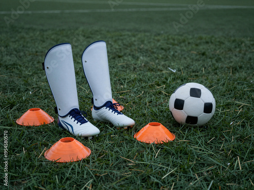 Wallpaper Mural Soccer Training Equipment with Ball Cones and Shin Guards on Grass Field Torontodigital.ca