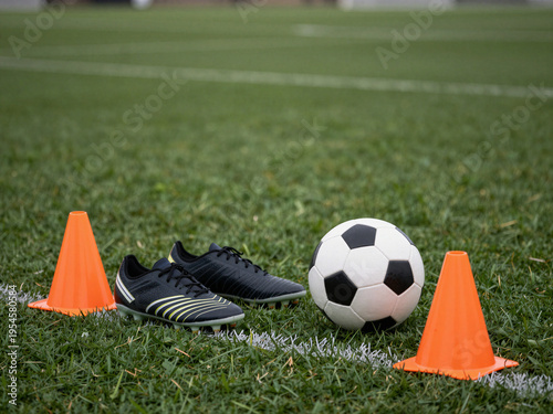 Wallpaper Mural Soccer Training Equipment with Ball Cones and Shin Guards on Grass Field Torontodigital.ca
