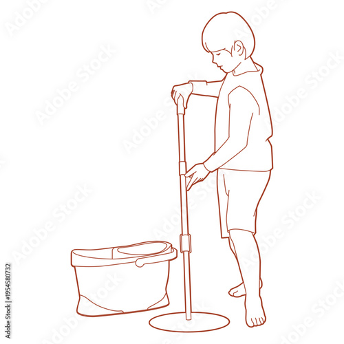 child doing household chores by mopping the floor.eps