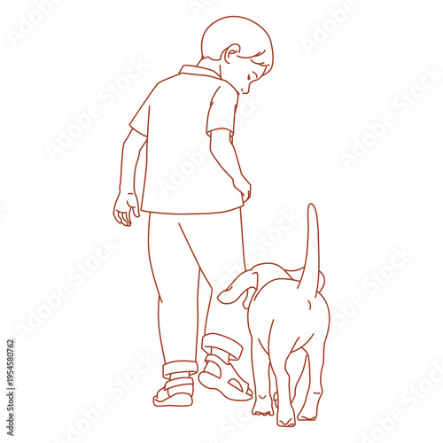 child enjoying a walk with his pet dog outdoors.eps