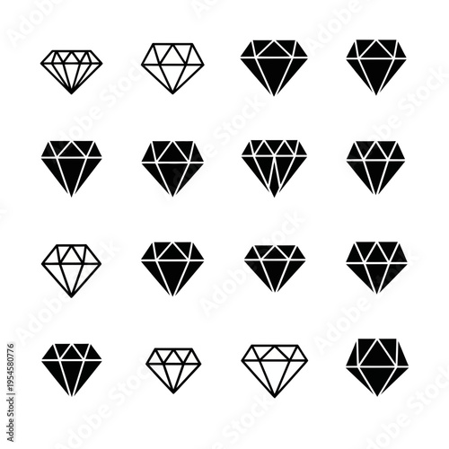 Set of Sixteen Minimalist Black and White Diamond Icons for Jewelry and Luxury Graphic Design Projects