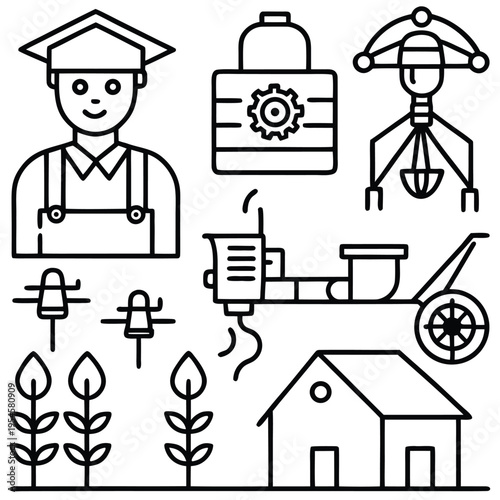 A graphic illustration showcasing farming elements, including a farmer, tools, and farming-related objects, presented with a clean and minimalistic design.