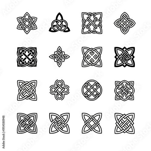 Set of sixteen intricate black Celtic knot icons and ornamental geometric patterns for design projects on a white background.