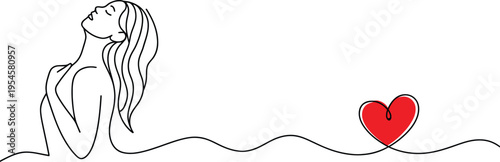 Continuous line art vector illustration of a woman with long hair looking up, embracing herself, connected by a wavy line to a red heart, symbolizing self-love and well-being.