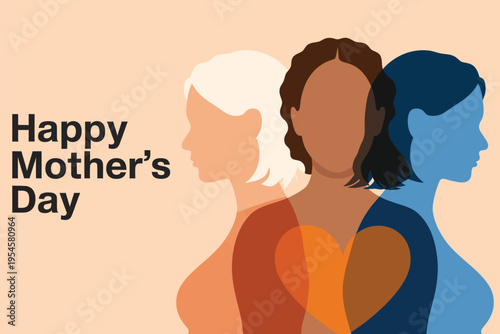 Happy Mother's Day vector illustration with diverse women silhouettes in profile, celebrating motherhood and female strength on a peach background