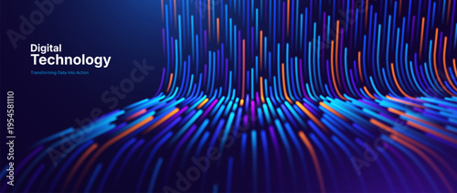 Artificial Intelligence Data Flow Diagram Showing Neural Connections and Digital Processing Streams. Digital Business Transformation Vector Background.