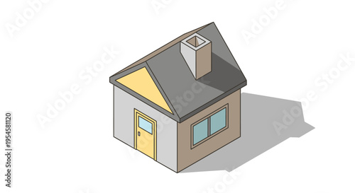 Simple Isometric House Illustration with Yellow Door and Chimney, Architectural Concept