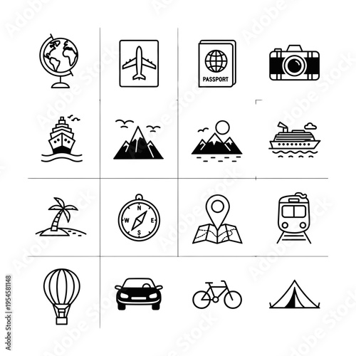 Set of travel and tourism icons featuring transportation, landmarks, and gear for adventure and vacation planning