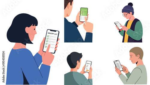 Flat minimalist vector illustration set of a person checking a grocery list on a smartphone, modern daily planning activity, no outline, white background