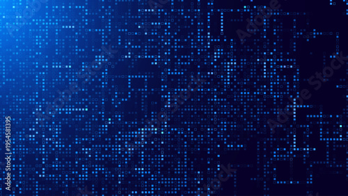 Abstract Blue Data Flow Connections Circuit Pixel Mosaic Grid. Glowing Digital Dots Technology Backdrop. Digital Electronics Abstract Circuit. Vector Illustration.