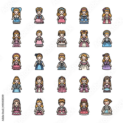 Collection of twenty-five cute cartoon girl avatars wearing diverse vintage and historical princess style dresses on white background