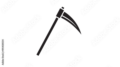 Scythe simple silhouette with a long handle and curved blade isolated on a white background, representing harvest or death