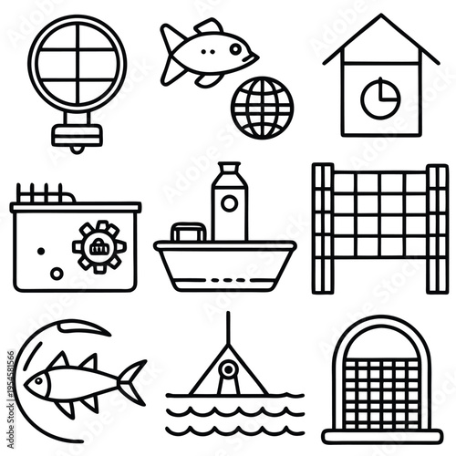 A collection of minimalist icons depicting fishing-related elements, offering a clean and modern aesthetic.