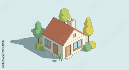 Charming Isometric House Illustration with Lush Greenery and Clean Design on a Light Blue Background, Perfect for Real Estate and Home Concept Projects