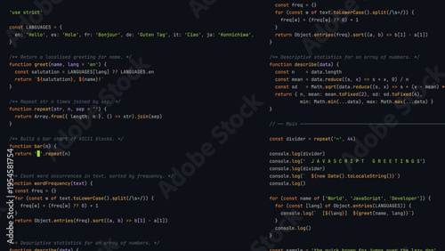 Modern Programmer Coding Screen with Hello World Program with Modern Programming Language Syntax Highlighting in Digital Code Editor Environment. Vector Illustration.