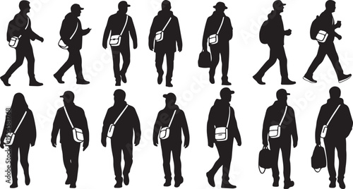 Silhouettes of people walking in various poses and outfits