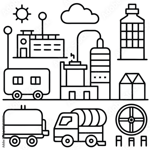 Modern urban industry outline drawing that showcases the intricate world of industry, emphasizing sustainability and innovation.