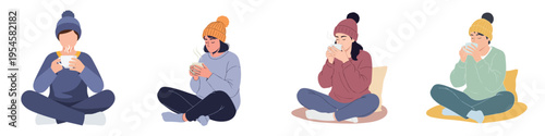 A person relaxing while drinking warm tea, minimal flat vector illustration set, calm lifestyle moment, soft colors, no outline, white background