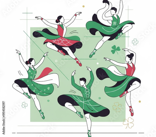 Elegant dancers gracefully performing Irish folk dance in celebration of St