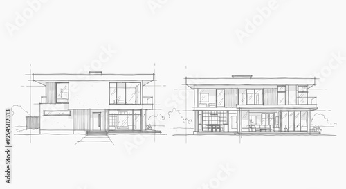 Architectural drawing of a modern two-story house, showcasing its facade and interior layout from two different angles