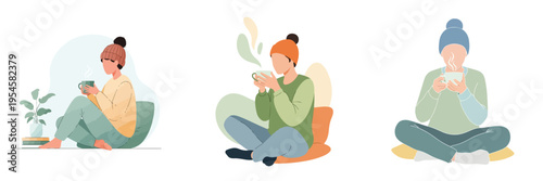 A person relaxing while drinking warm tea, minimal flat vector illustration set, calm lifestyle moment, soft colors, no outline, white background