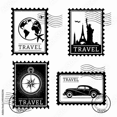 Travel dreams captured in stamps featuring planes, passports, and scenic journeys
