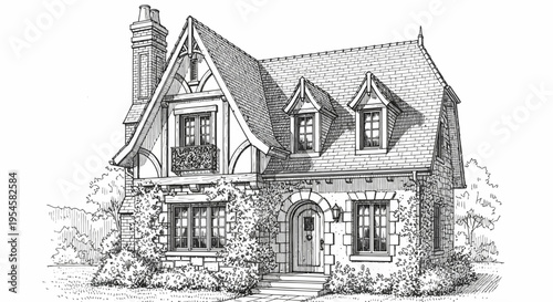 Charming Tudor-style cottage with stone and timber accents, nestled amidst lush greenery, showcasing classic architectural details