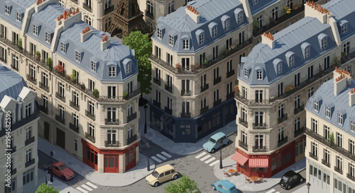 Charming Parisian city block in isometric perspective, featuring classic Haussmannian buildings, tree-lined streets, and vintage cars, capturing an elegant European urban scene