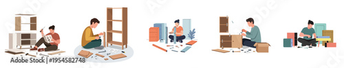 Flat vector illustration set of a person sitting on the floor assembling furniture, home improvement lifestyle activity, no outline, white background