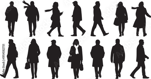 Silhouettes of people walking in various business attire styles