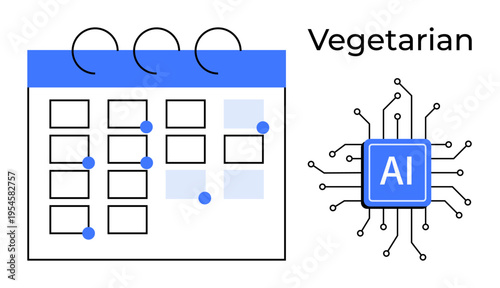 Meal planning, AI technology, vegetarian diet, scheduling efficiency, digital solutions, food future. Digital calendar with AI processor and text Vegetarian. Meal planning and AI technology for diets