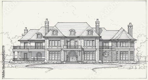 Detailed architectural sketch of a grand traditional luxury mansion with intricate facade design and landscaped surroundings, showcasing elegant residential building concepts
