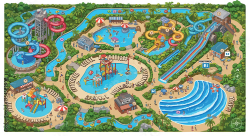 Detailed isometric vector illustration of a vibrant water park with multiple slides, pools, lazy rivers, and various attractions, perfect for summer entertainment and vacation concepts. isolated