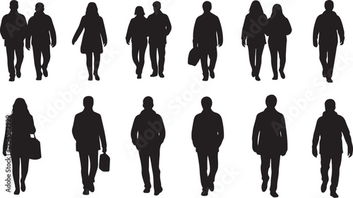 Silhouettes of people walking in various business attire styles