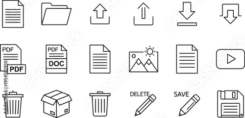 Document Management and File Interface Line Icons Set for Web and App Design
