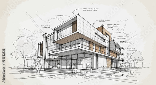 Architectural sketch showcasing a modern, minimalist villa design with clean lines and large windows, surrounded by trees