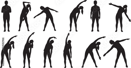 Black silhouettes of people stretching and exercising in various poses