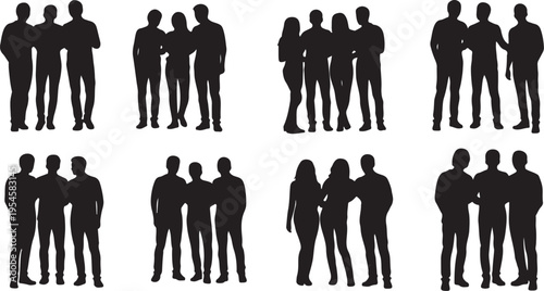 Silhouettes of people standing together in various group formations
