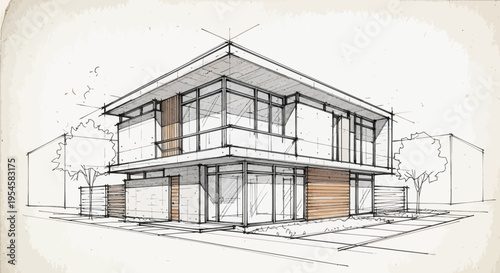 Architectural sketch of a modern two-story house with large windows and wooden accents, presented in a perspective view