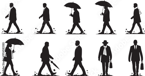 Silhouettes of business people walking in the rain city