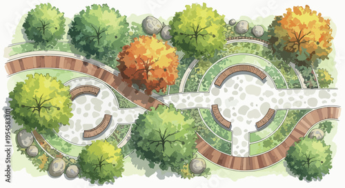 Top-down aerial view of a detailed landscape design plan vector illustration featuring green and orange trees, curved paths, benches, and decorative stones for park or garden layouts. isolated