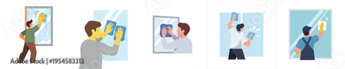 Flat minimalist vector illustration of a person cleaning a window with a cloth, simple household activity, no outline, white background