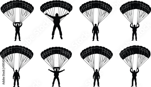 Parachuting skydiver silhouettes set with parachute canopy landing poses extreme sport vector illustration isolated on white background adventure activity