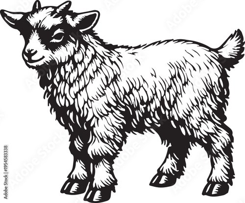 Young Goat Standing Profile Black and White Vector Illustration